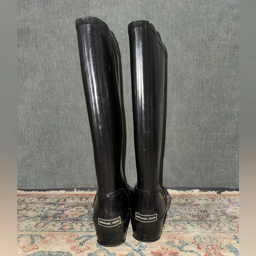 MICHAEL KORS Knee-High Rubber Black Wedge Heel Rain‎ Boots size 8